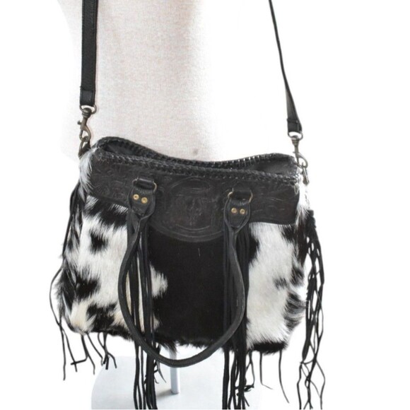Kobler Handbags - Kobler Furry Cowhide Fringed Bag Black White Tooled Leather Crossbody